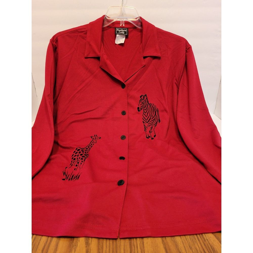 Southern Lady Button Shirt Womens 1X Red‎ Excellent Safari Giraffe Zebra 8J11